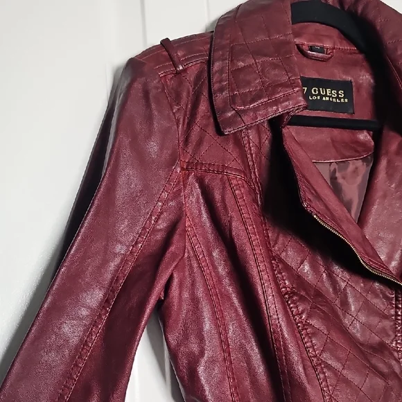 Guess Red Leather Biker Jacket with Asymmetrical Zipper - Picture 7 of 17